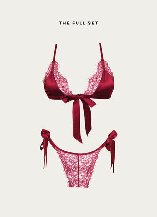 A packshot of the burgundy satin lingerie.