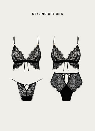 Packshots and styling options of black lace bralette from Lioa Lingerie