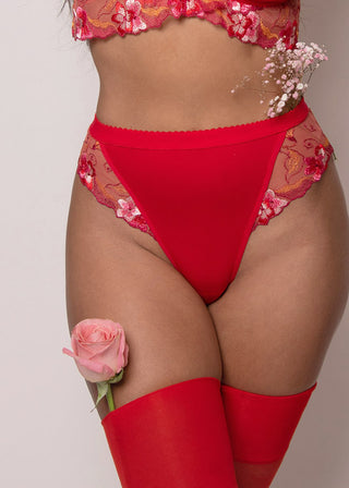 detail of high waist thong with scallop band and floral embroidered sides by lioa lingerie