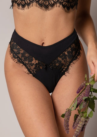 Detail of high-waist thong with jersey and black lace from Lioa Lingerie. 