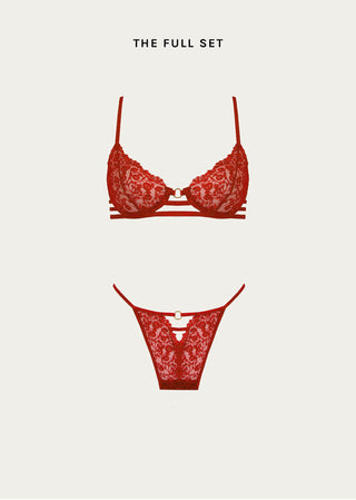 The full set of red lingerie with straps and golden rings.  
