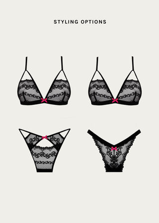 Options how to mix and match our black lace lingerie with pink bows.