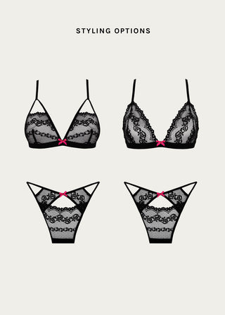 Options how to mix and match our black lace lingerie with pink bows.