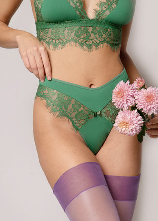 details of the green high waist thong with lace and jersey detail from lioa lingerie