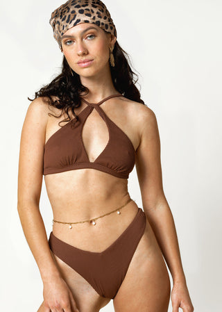 woman wears elegant brown bikini with rib texture by lioa lingerie