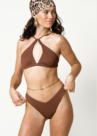 woman wears elegant brown bikini with ribbed texture by lioa lingerie