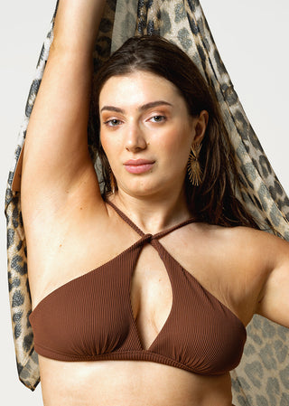 curvy woman looks confident and elegant in brown bikini with rib texture by lioa lingerie