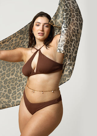 curvy woman wears elegant brown bikini top by lioa lingerie